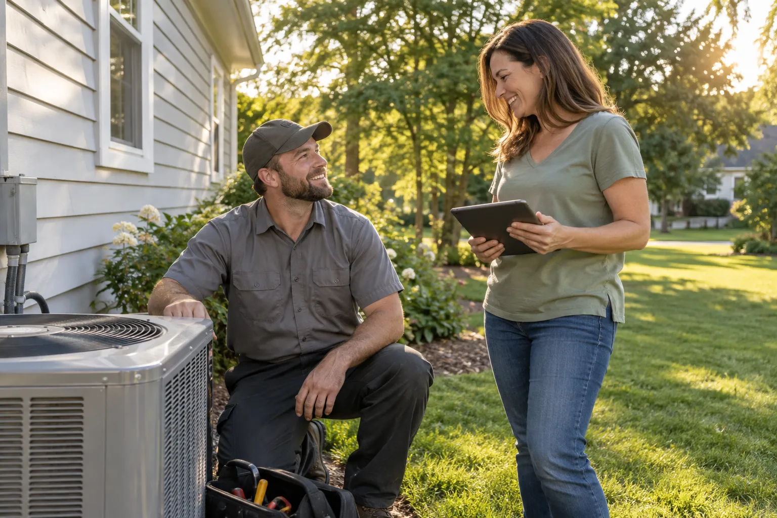 A friendly local AC provider checking an outdoor air conditioning unit beside a house in Naperville