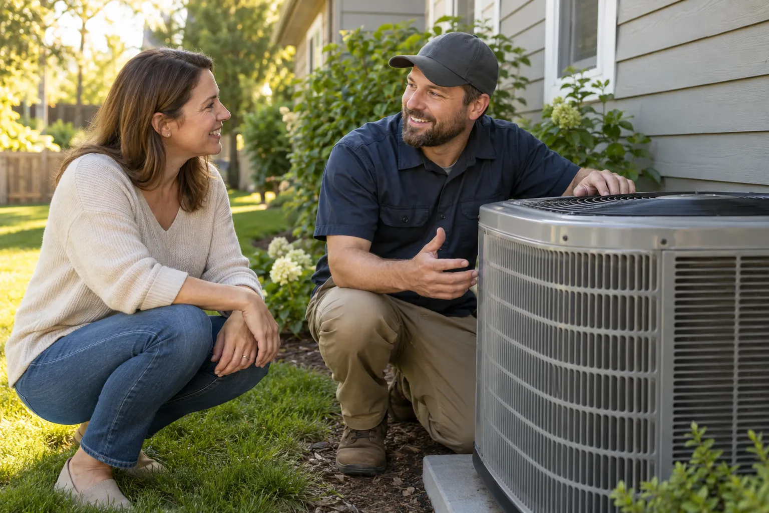 A homeowner in Naperville talking with a friendly HVAC provider beside an outdoor air conditioner
